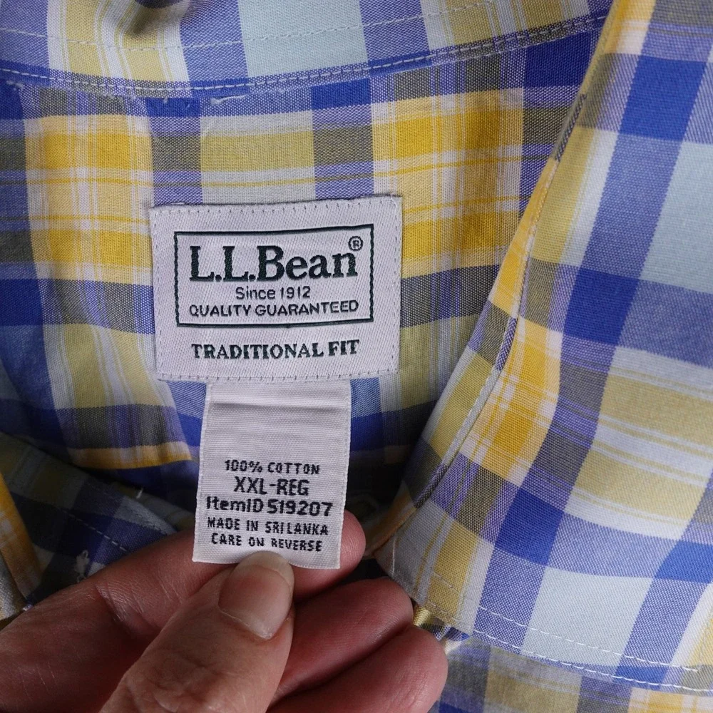LL Bean Mens XXL Traditional Fit Plaid Button Down Shirt Blue Yellow 519207